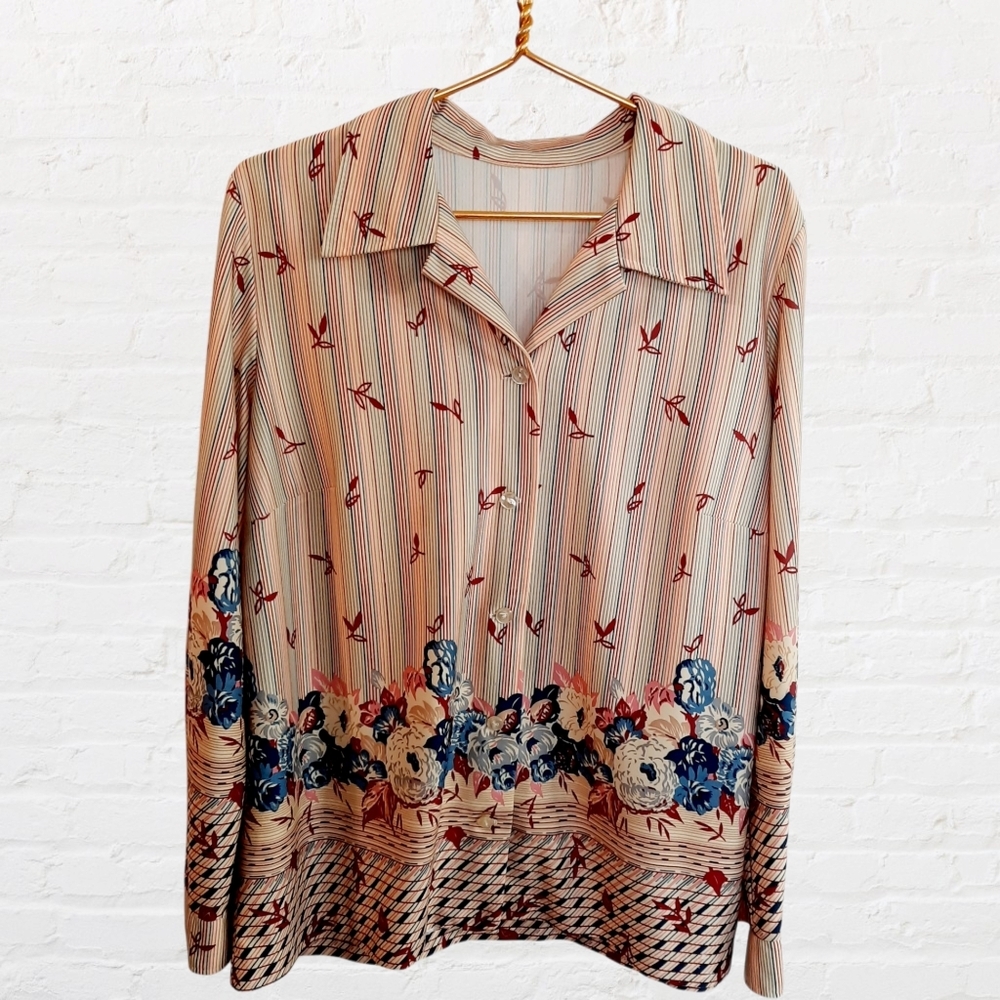 Vintage Beige Button-Down Shirt with Blue Floral Border